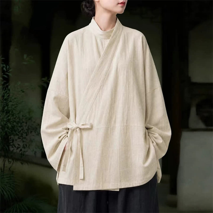 Buddha Stones Fall Minimalist Tang Style Drawstring Solid Cotton Linen Women's Kimono - image 11