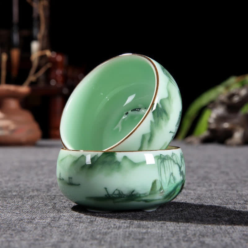 Buddha Stones Traditional Koi Fish Lotus Landscape Ceramic Personal Tea Cup - image 5