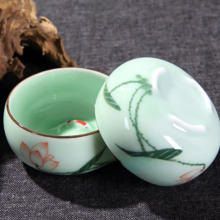Buddha Stones Traditional Koi Fish Lotus Landscape Ceramic Personal Tea Cup - image 9