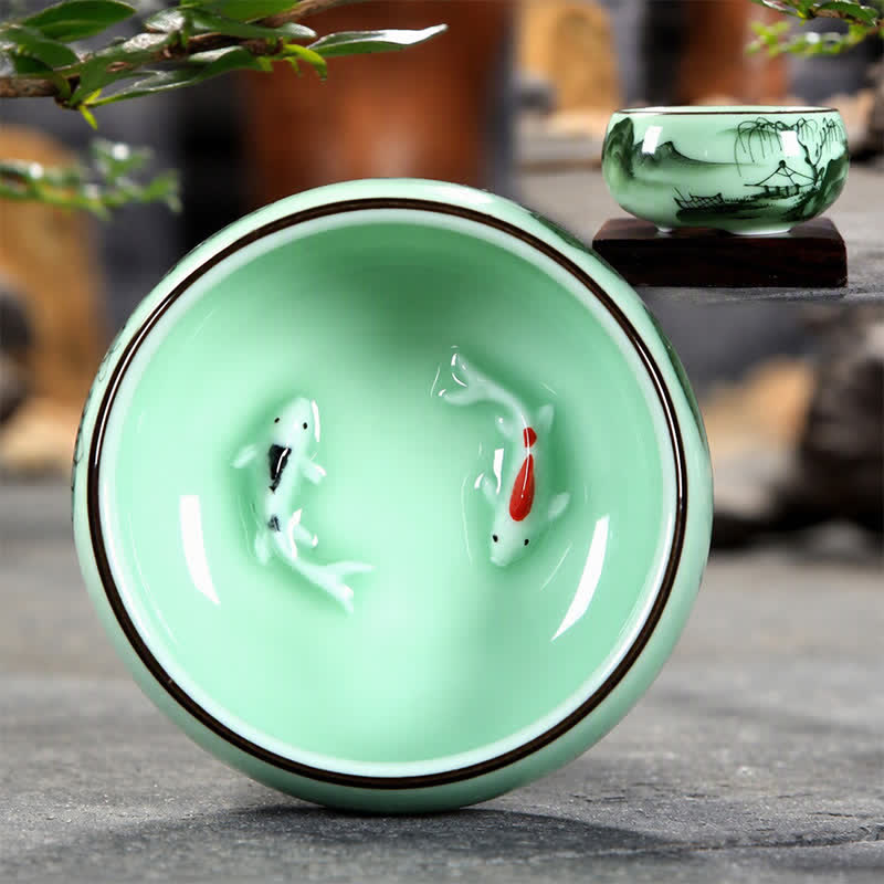 Buddha Stones Traditional Koi Fish Lotus Landscape Ceramic Personal Tea Cup - image 0