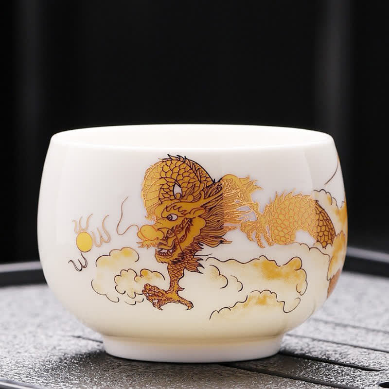 Buddha Stones White Porcelain Koi Lotus Dragon Hand-Painted Tea Cup - Dragon - image 2