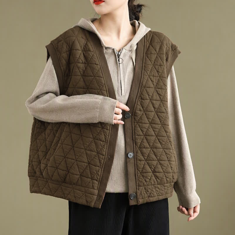 Buddha Stones Fall Winter Retro Casual Button-Up Diamond Quilted Tank Top Women's Vest With Pocket - image 2
