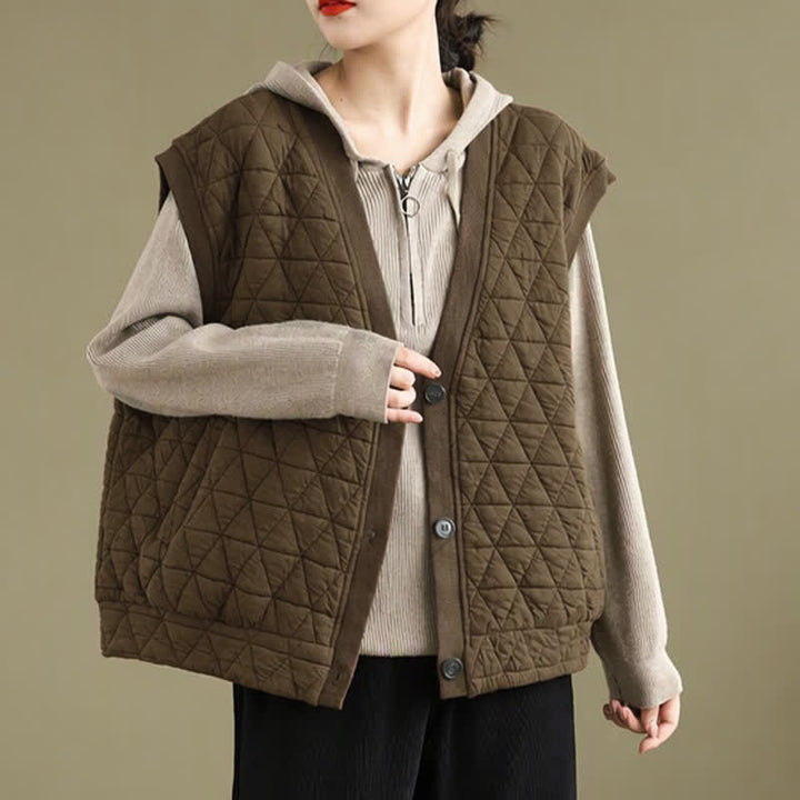 Buddha Stones Fall Winter Retro Casual Button-Up Diamond Quilted Tank Top Women's Vest With Pocket - image 2