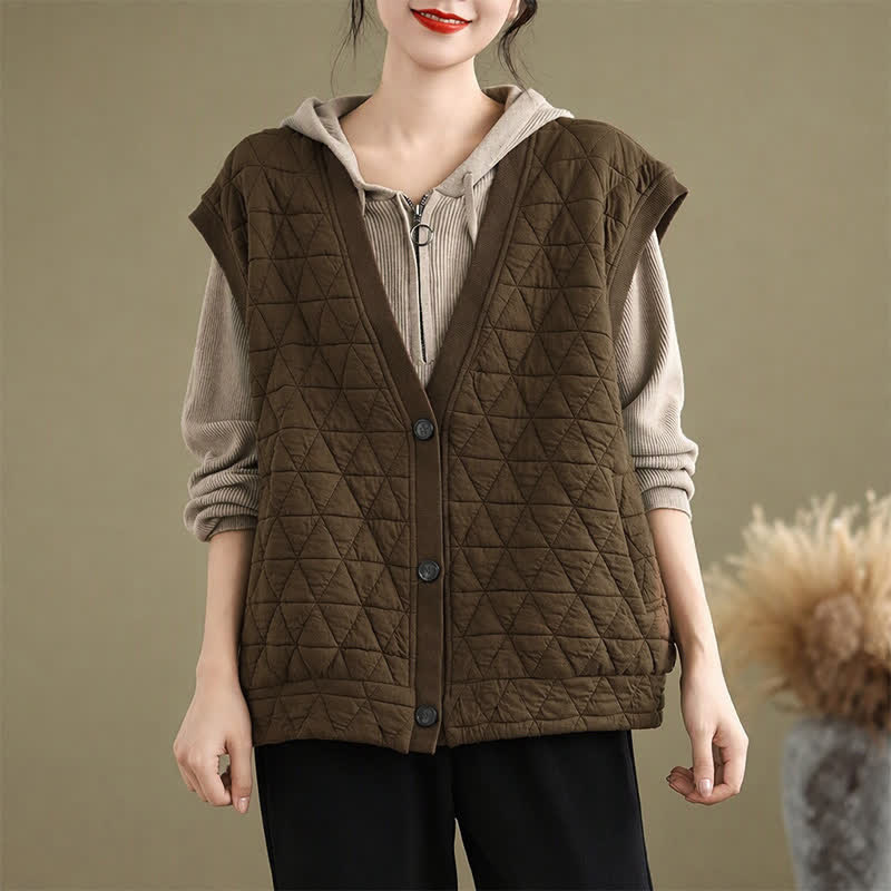 Buddha Stones Fall Winter Retro Casual Button-Up Diamond Quilted Tank Top Women's Vest With Pocket - SaddleBrown - US12, UK/AU16, EU44 (2XL) - image 0
