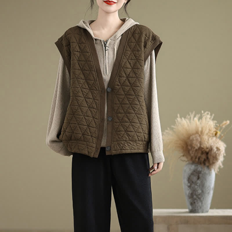 Buddha Stones Fall Winter Retro Casual Button-Up Diamond Quilted Tank Top Women's Vest With Pocket - image 5