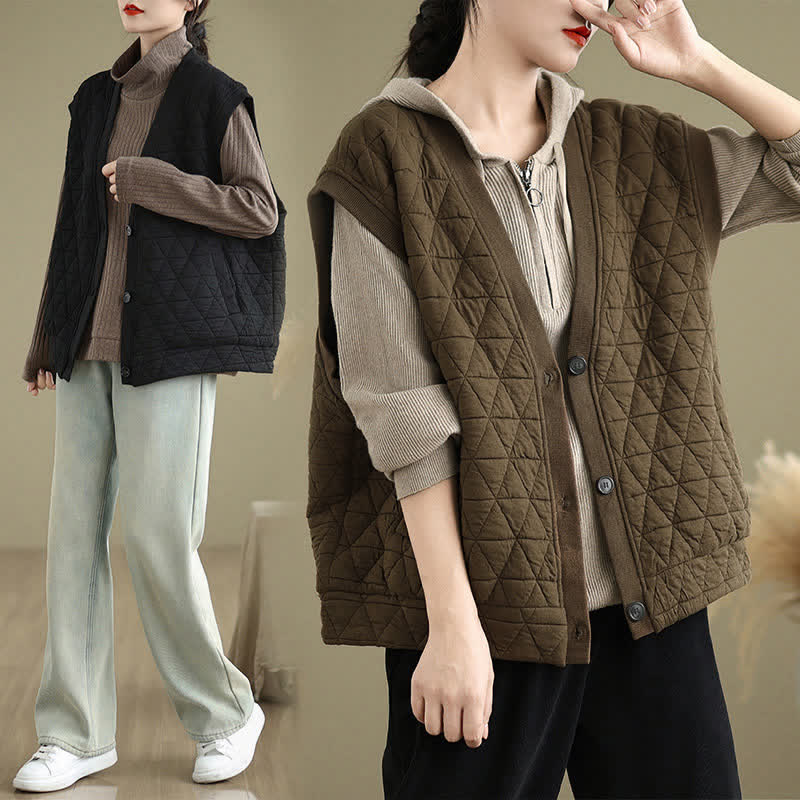Buddha Stones Fall Winter Retro Casual Button-Up Diamond Quilted Tank Top Women's Vest With Pocket - image 18