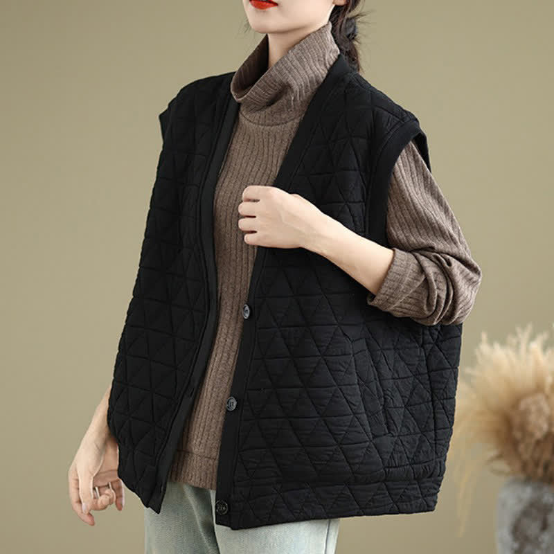 Buddha Stones Fall Winter Retro Casual Button-Up Diamond Quilted Tank Top Women's Vest With Pocket - image 14
