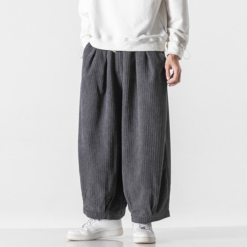 Buddha Stones Spring Fall Casual Minimalist Drawstring Solid Cropped Pants Corduroy Men's Wide Leg Pants With Pockets - image 1