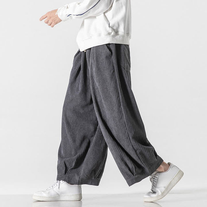 Buddha Stones Spring Fall Casual Minimalist Drawstring Solid Cropped Pants Corduroy Men's Wide Leg Pants With Pockets - image 3