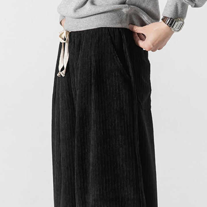 Buddha Stones Spring Fall Casual Minimalist Drawstring Solid Cropped Pants Corduroy Men's Wide Leg Pants With Pockets - image 26