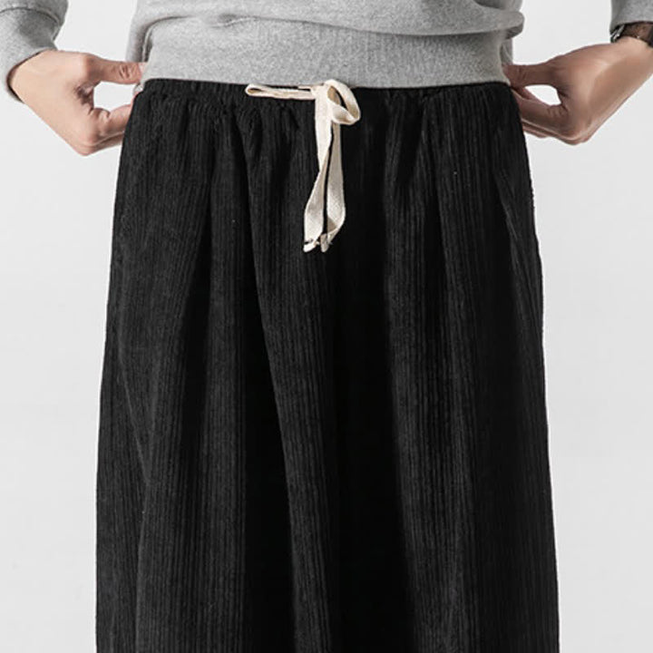 Buddha Stones Spring Fall Casual Minimalist Drawstring Solid Cropped Pants Corduroy Men's Wide Leg Pants With Pockets - image 24