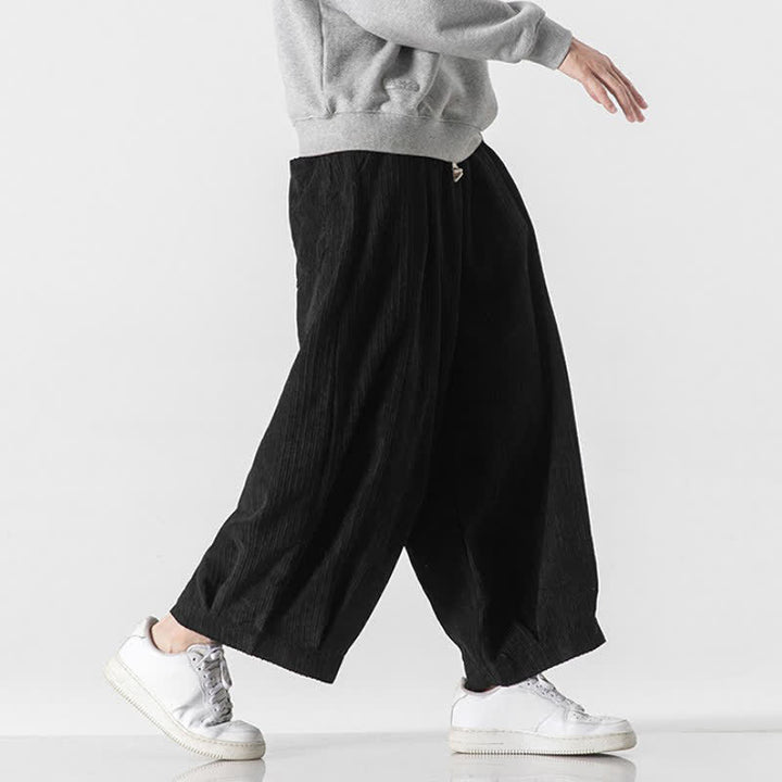 Buddha Stones Spring Fall Casual Minimalist Drawstring Solid Cropped Pants Corduroy Men's Wide Leg Pants With Pockets - image 18