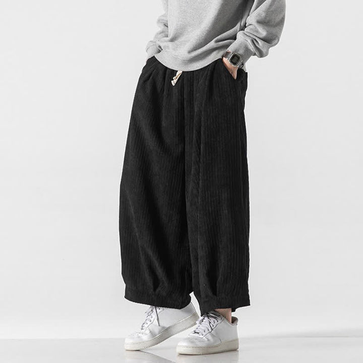 Buddha Stones Spring Fall Casual Minimalist Drawstring Solid Cropped Pants Corduroy Men's Wide Leg Pants With Pockets - image 21