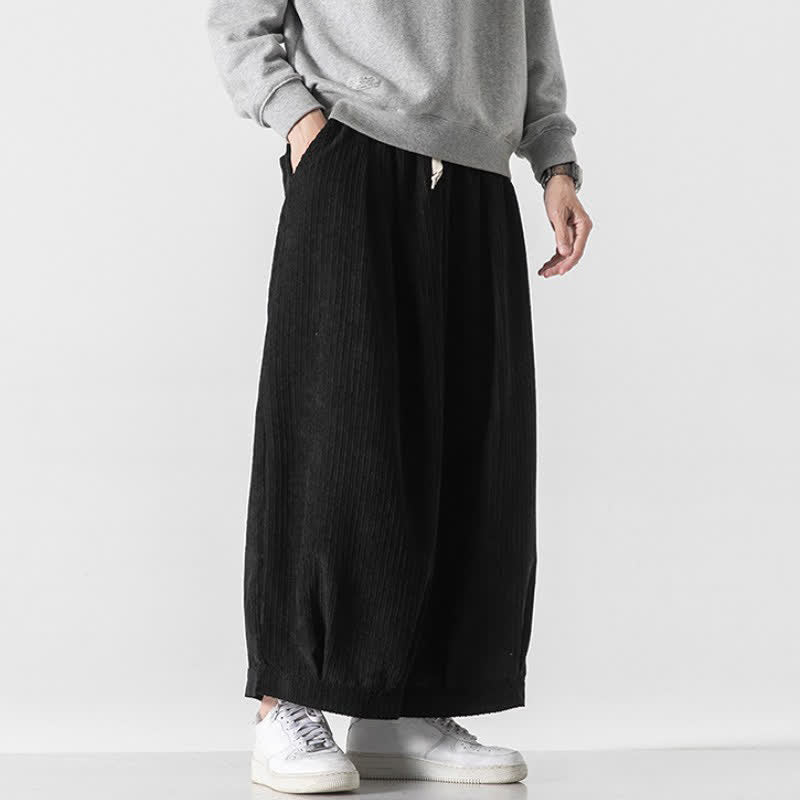 Buddha Stones Spring Fall Casual Minimalist Drawstring Solid Cropped Pants Corduroy Men's Wide Leg Pants With Pockets - image 17