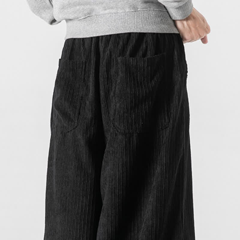 Buddha Stones Spring Fall Casual Minimalist Drawstring Solid Cropped Pants Corduroy Men's Wide Leg Pants With Pockets - image 25