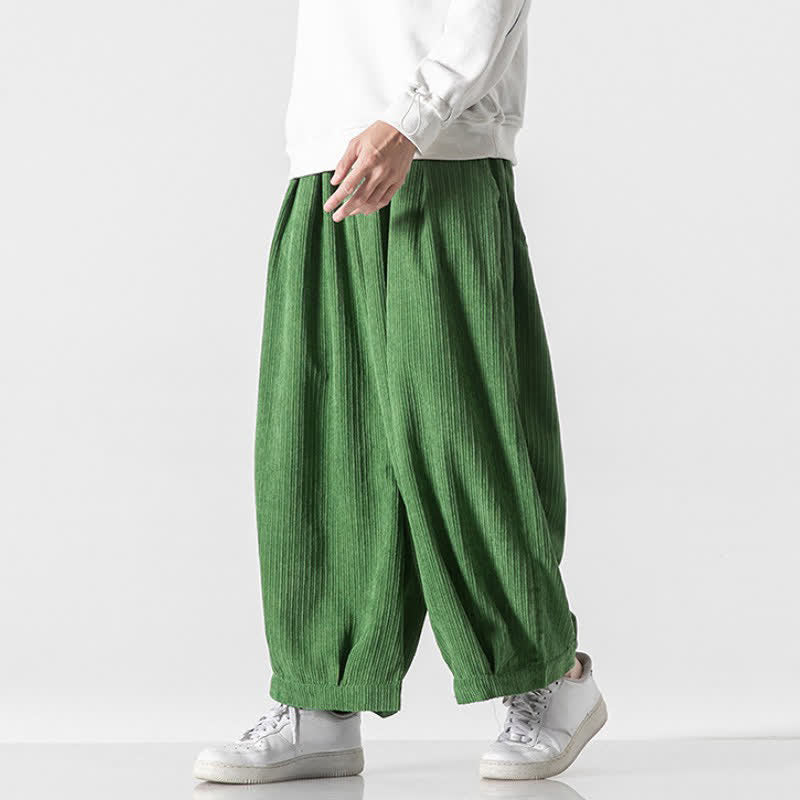 Buddha Stones Spring Fall Casual Minimalist Drawstring Solid Cropped Pants Corduroy Men's Wide Leg Pants With Pockets - image 33