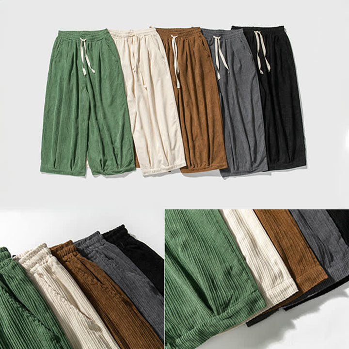 Buddha Stones Spring Fall Casual Minimalist Drawstring Solid Cropped Pants Corduroy Men's Wide Leg Pants With Pockets - image 44