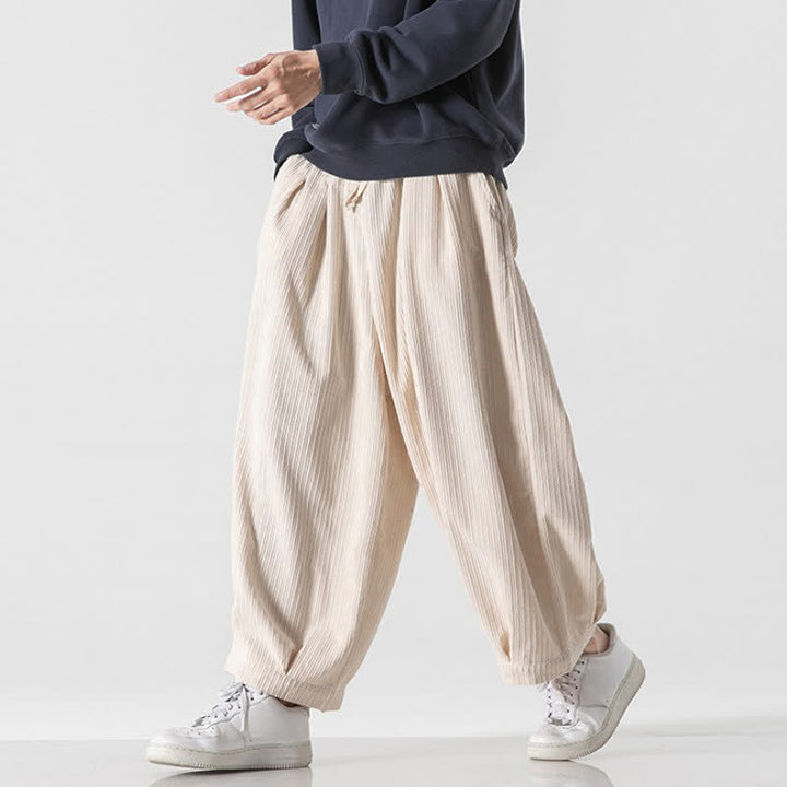 Buddha Stones Spring Fall Casual Minimalist Drawstring Solid Cropped Pants Corduroy Men's Wide Leg Pants With Pockets - image 40