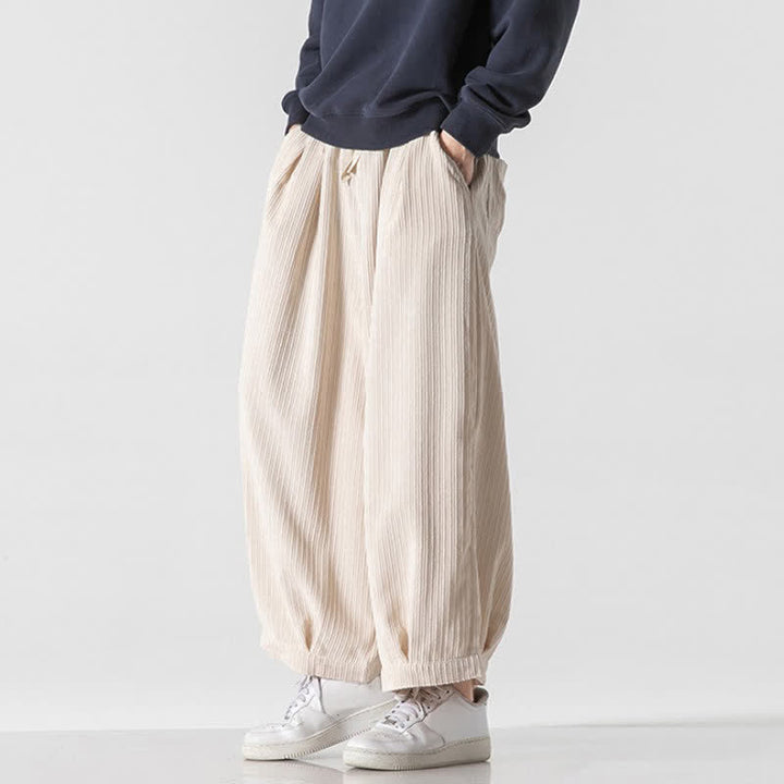 Buddha Stones Spring Fall Casual Minimalist Drawstring Solid Cropped Pants Corduroy Men's Wide Leg Pants With Pockets - image 43