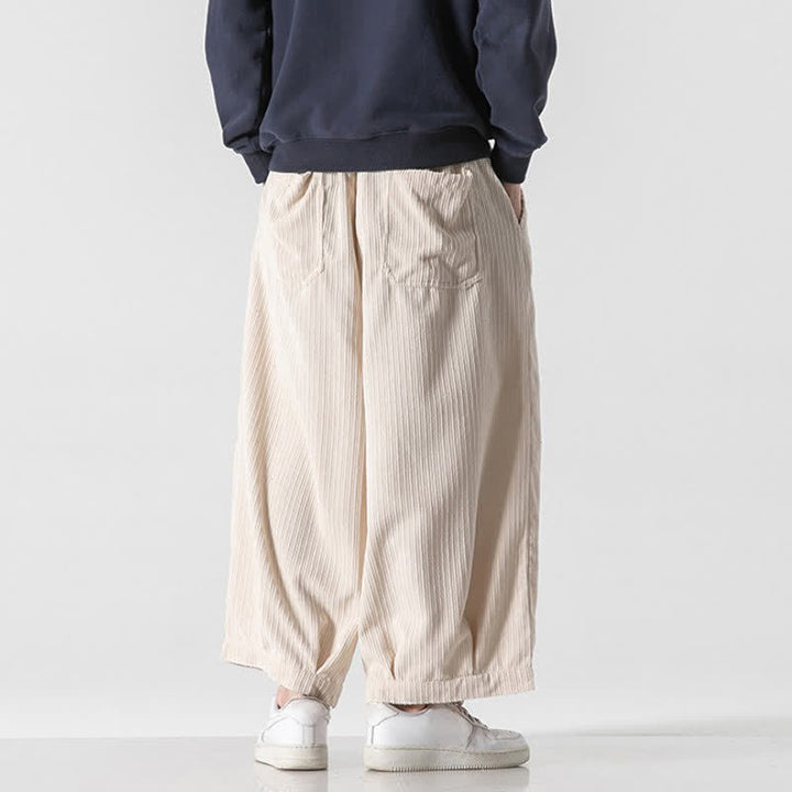 Buddha Stones Spring Fall Casual Minimalist Drawstring Solid Cropped Pants Corduroy Men's Wide Leg Pants With Pockets - image 42