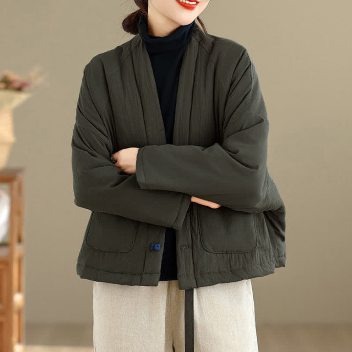 Buddha Stones Fall Winter Casual Tang Style Frog Button Solid Cropped Women's Kimono With Pockets - image 1
