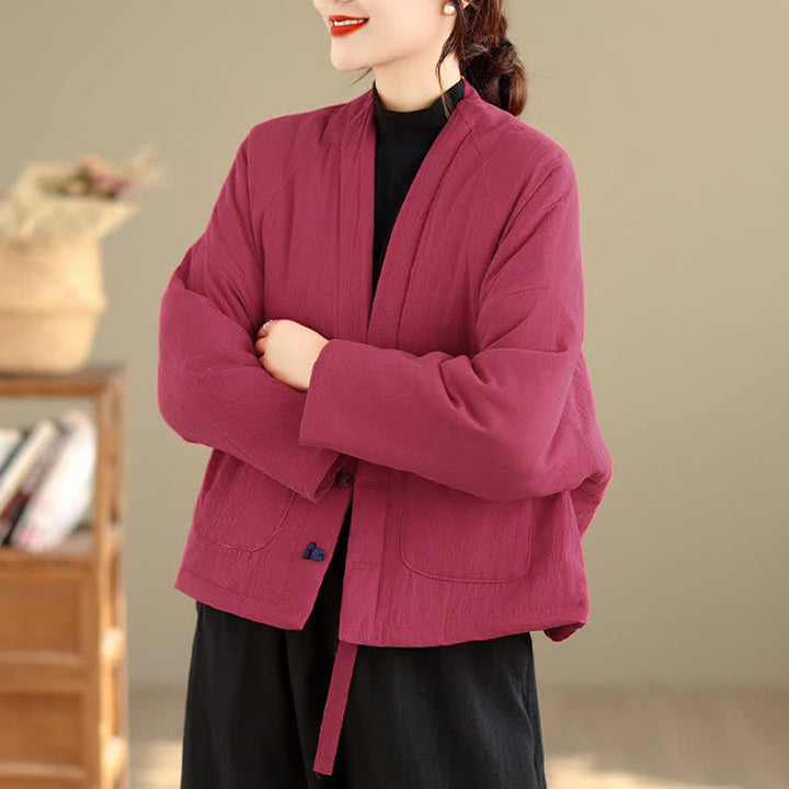 Buddha Stones Fall Winter Casual Tang Style Frog Button Solid Cropped Women's Kimono With Pockets - image 14