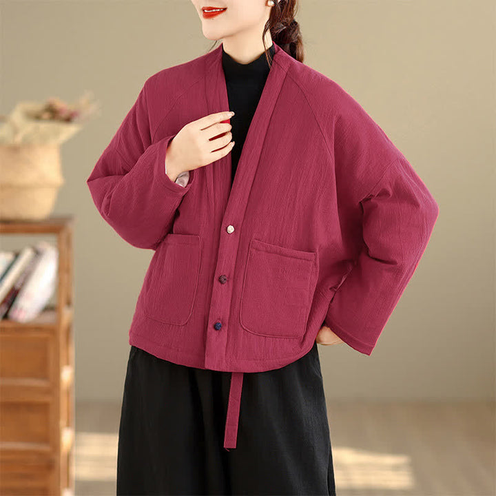 Buddha Stones Fall Winter Casual Tang Style Frog Button Solid Cropped Women's Kimono With Pockets - image 13