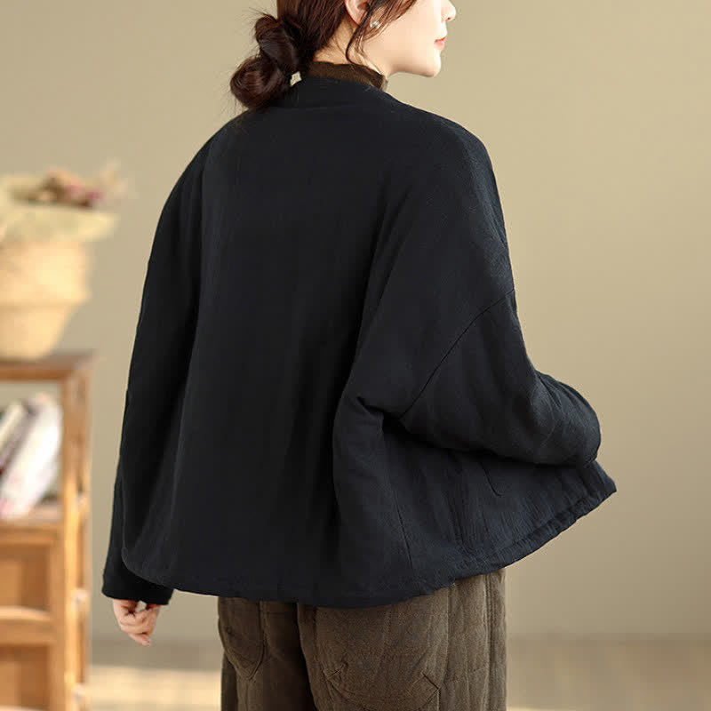 Buddha Stones Fall Winter Casual Tang Style Frog Button Solid Cropped Women's Kimono With Pockets - image 21