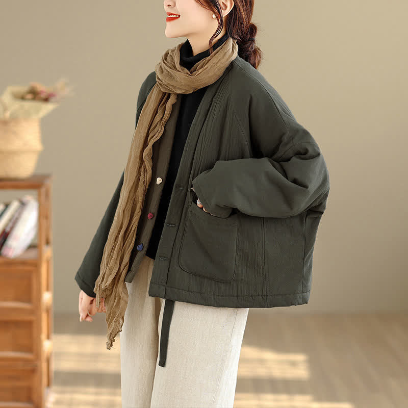 Buddha Stones Fall Winter Casual Tang Style Frog Button Solid Cropped Women's Kimono With Pockets - image 3