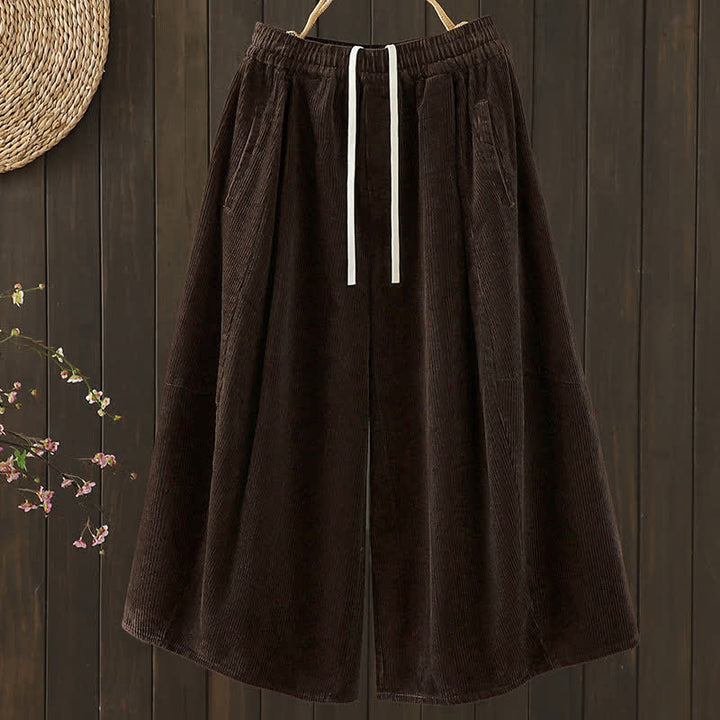 Buddha Stones Fall Winter Casual Drawstring Solid Corduroy Capri Pants Corduroy Women's Wide Leg Pants With Pockets - SaddleBrown - US12, UK/AU16, EU44 (2XL) - image 0