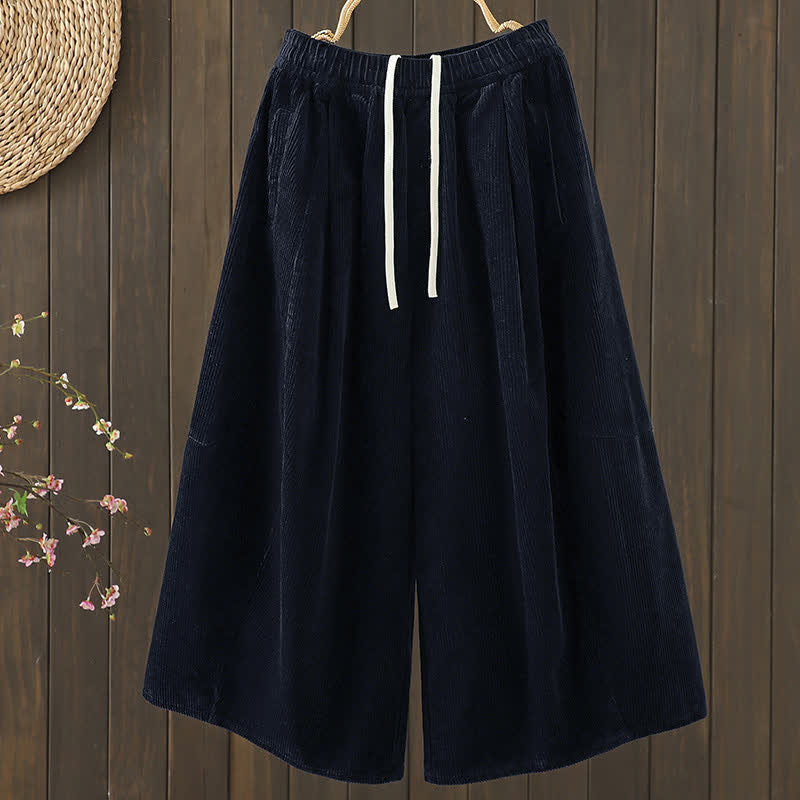 Buddha Stones Fall Winter Casual Drawstring Solid Corduroy Capri Pants Corduroy Women's Wide Leg Pants With Pockets - Black - US12, UK/AU16, EU44 (2XL) - image 8