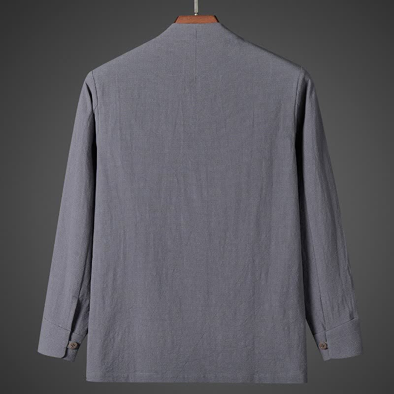 Buddha Stones Fall Simple Tang Style Pankou Solid Men's Long Sleeve Shirts - image 9