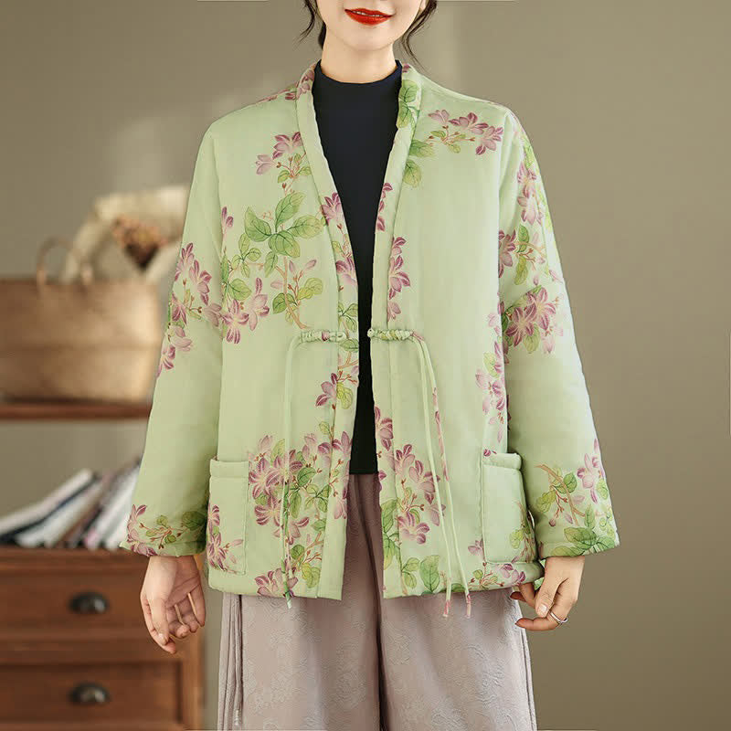 Buddha Stones Fall Winter Vintage Tang Style Frog Button Floral Pattern Women's Kimono With Pockets - image 2