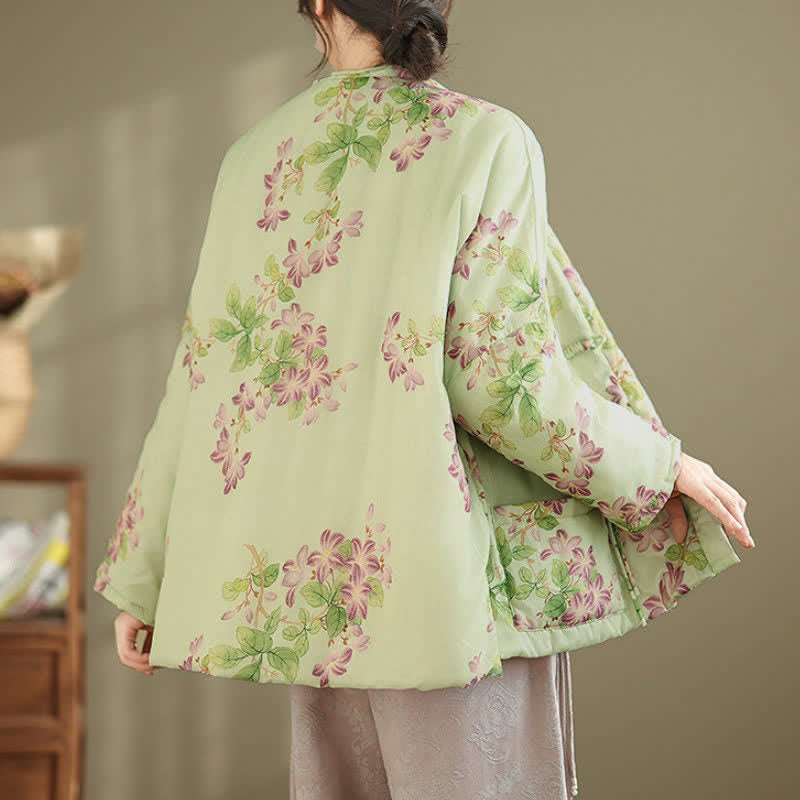Buddha Stones Fall Winter Vintage Tang Style Frog Button Floral Pattern Women's Kimono With Pockets - image 3