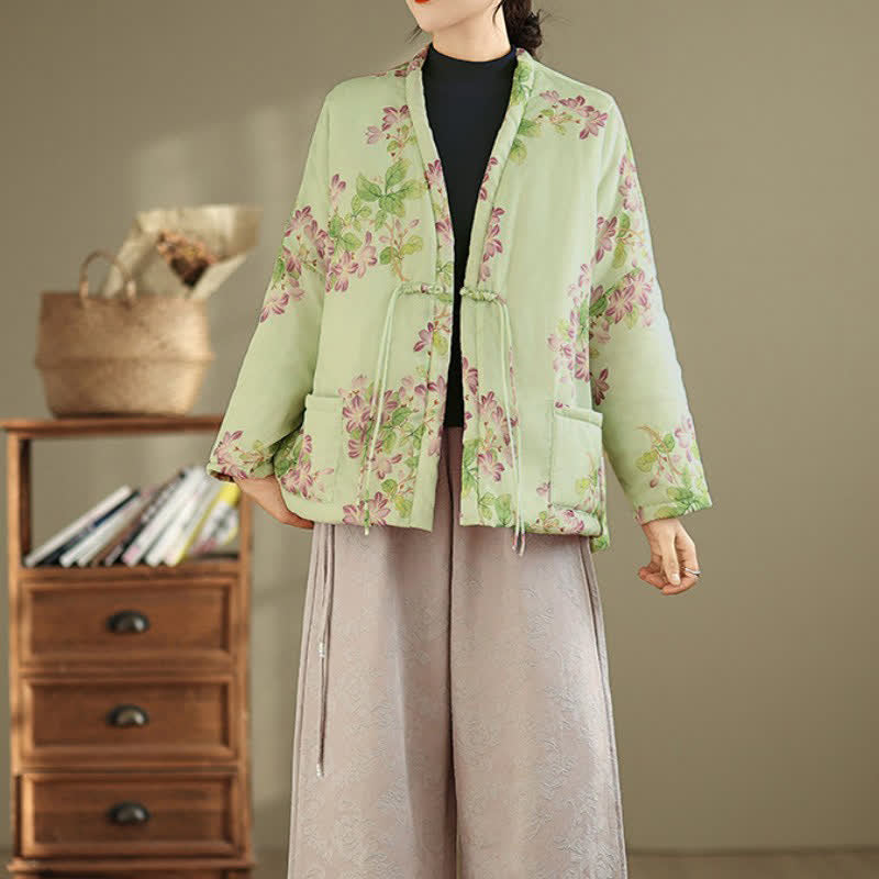 Buddha Stones Fall Winter Vintage Tang Style Frog Button Floral Pattern Women's Kimono With Pockets - image 5