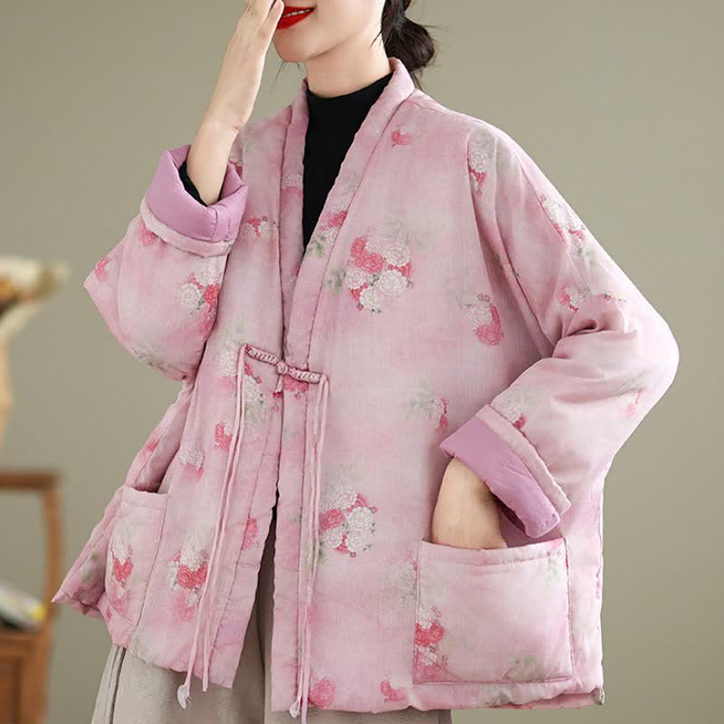 Buddha Stones Fall Winter Vintage Tang Style Frog Button Floral Pattern Women's Kimono With Pockets - image 12