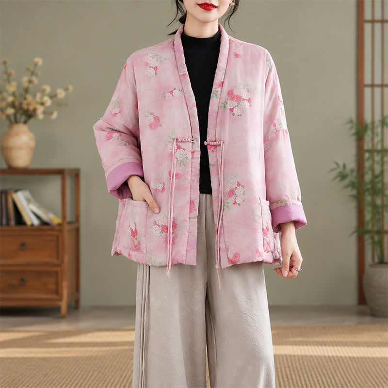 Buddha Stones Fall Winter Vintage Tang Style Frog Button Floral Pattern Women's Kimono With Pockets - image 13