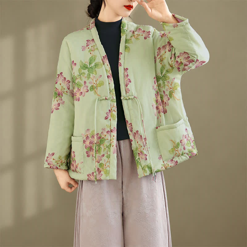 Buddha Stones Fall Winter Vintage Tang Style Frog Button Floral Pattern Women's Kimono With Pockets - image 4