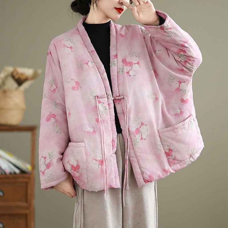 Buddha Stones Fall Winter Vintage Tang Style Frog Button Floral Pattern Women's Kimono With Pockets - Pink - US12, UK/AU16, EU44 (XL) - image 10