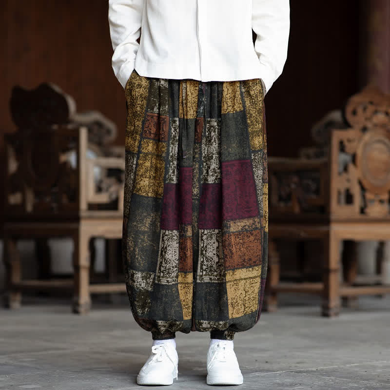 Buddha Stones Spring Fall Vintage Casual Drawstring Geometric Cropped Pants Men's Harem Pants With Pockets - Tan - US/UK/AU46, EU56 (5XL) - image 11