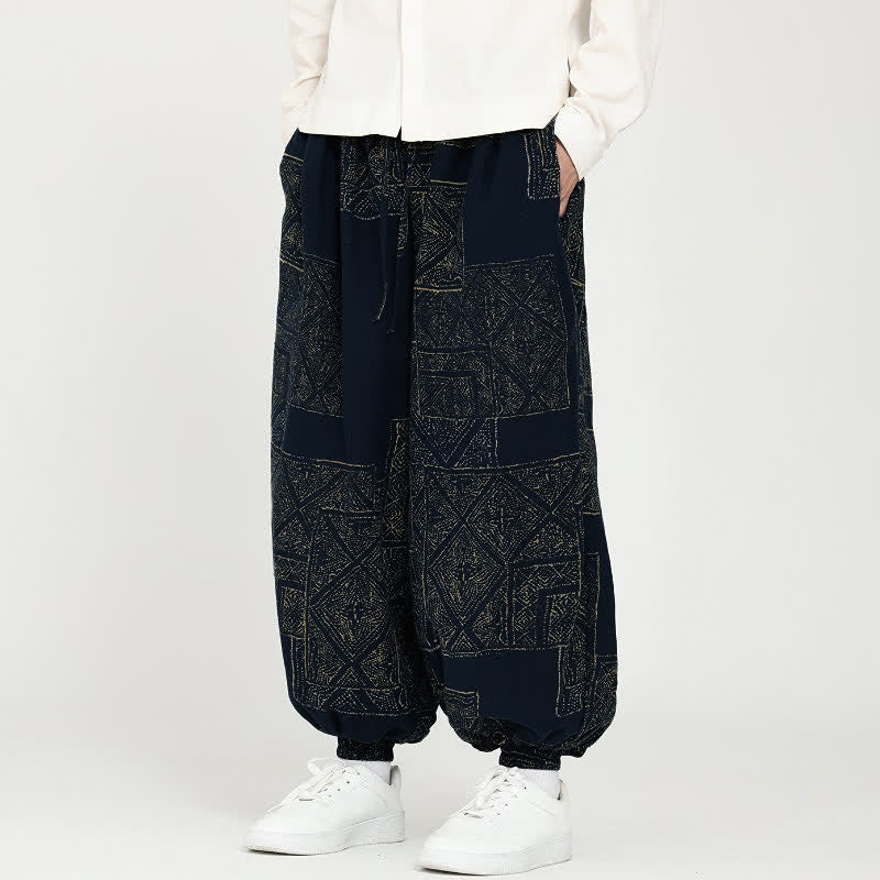 Buddha Stones Spring Fall Vintage Casual Drawstring Geometric Cropped Pants Men's Harem Pants With Pockets - image 1