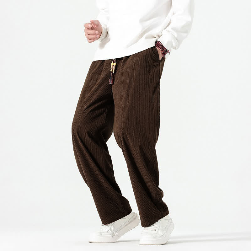 Buddha Stones Fall Winter Casual Boho Drawstring Solid Ankle Pants Corduroy Men's Straight Leg Pants With Pockets - image 6