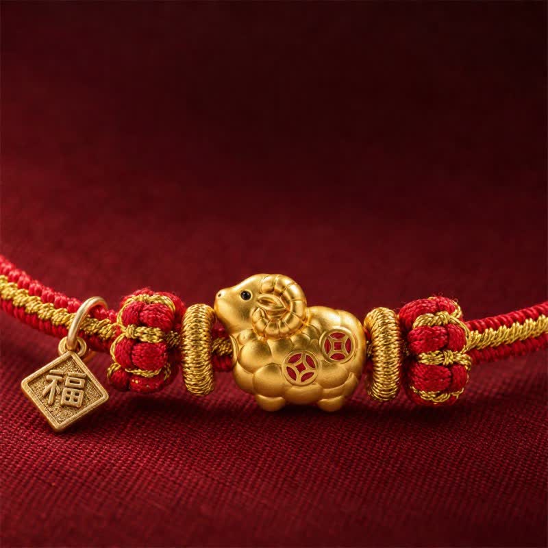 Buddha Stones Year of the Goat Copper Coins Sheep Ram Braided Red String Peace Fu Character Charm Bracelet - image 14