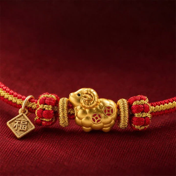 Buddha Stones Year of the Goat Copper Coins Sheep Ram Braided Red String Peace Fu Character Charm Bracelet - image 14