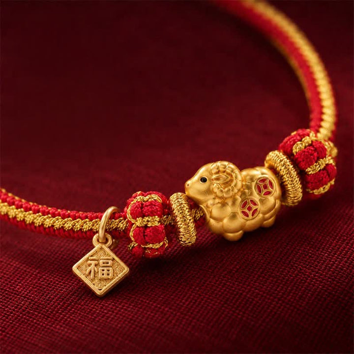Buddha Stones Year of the Goat Copper Coins Sheep Ram Braided Red String Peace Fu Character Charm Bracelet - image 13