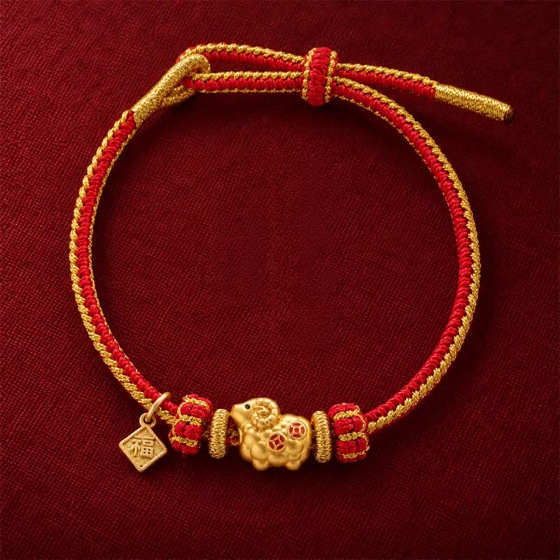 Buddha Stones Year of the Goat Copper Coins Sheep Ram Braided Red String Peace Fu Character Charm Bracelet - image 11