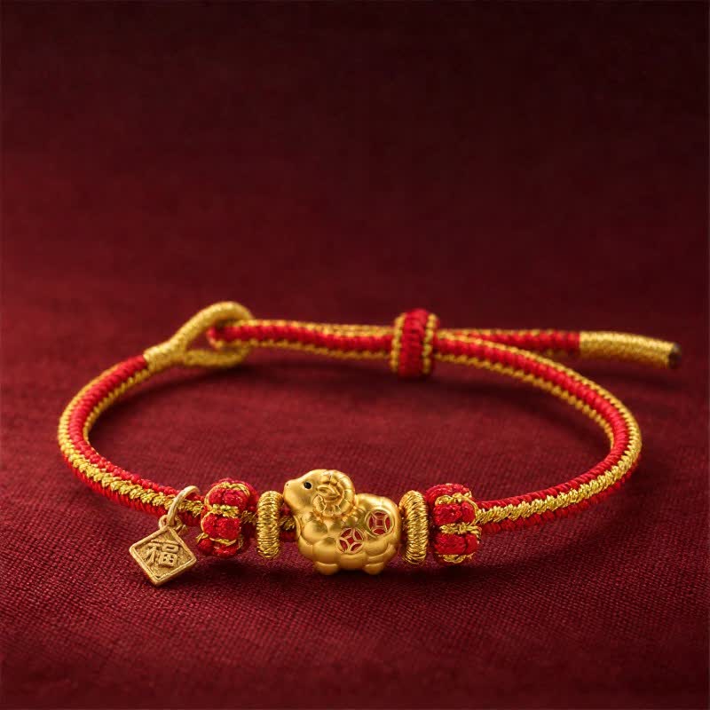 Buddha Stones Year of the Goat Copper Coins Sheep Ram Braided Red String Peace Fu Character Charm Bracelet - Year of the Goat Fu Character - image 10