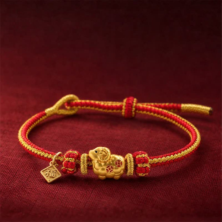 Buddha Stones Year of the Goat Copper Coins Sheep Ram Braided Red String Peace Fu Character Charm Bracelet - Year of the Goat Fu Character - image 10