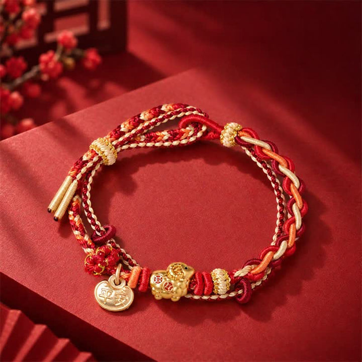 Buddha Stones Year of the Goat Copper Coins Sheep Ram Braided Red String Peace and Happiness Charm Bracelet - image 1