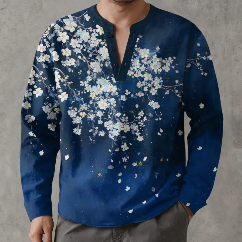 Buddha Stones Cotton Falling Petal Floral Pattern V-Neck Buttons Men's Long Sleeve Shirts - Navy - US/UK/AU48，EU58 (4XL) - image 0